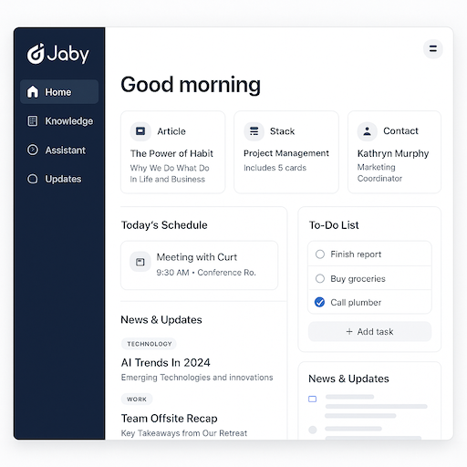Screenshot of Jaby's interface showing curated information cards and stacks